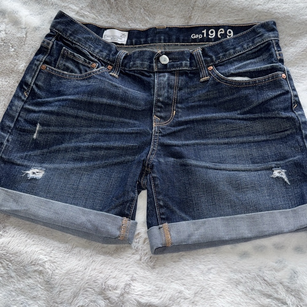 Gap 1969 Sexy Boyfriend Dark Denim Mid Rise 5”Shorts Stretch Cuffs Fleut Wash 25 - Picture 10 of 13